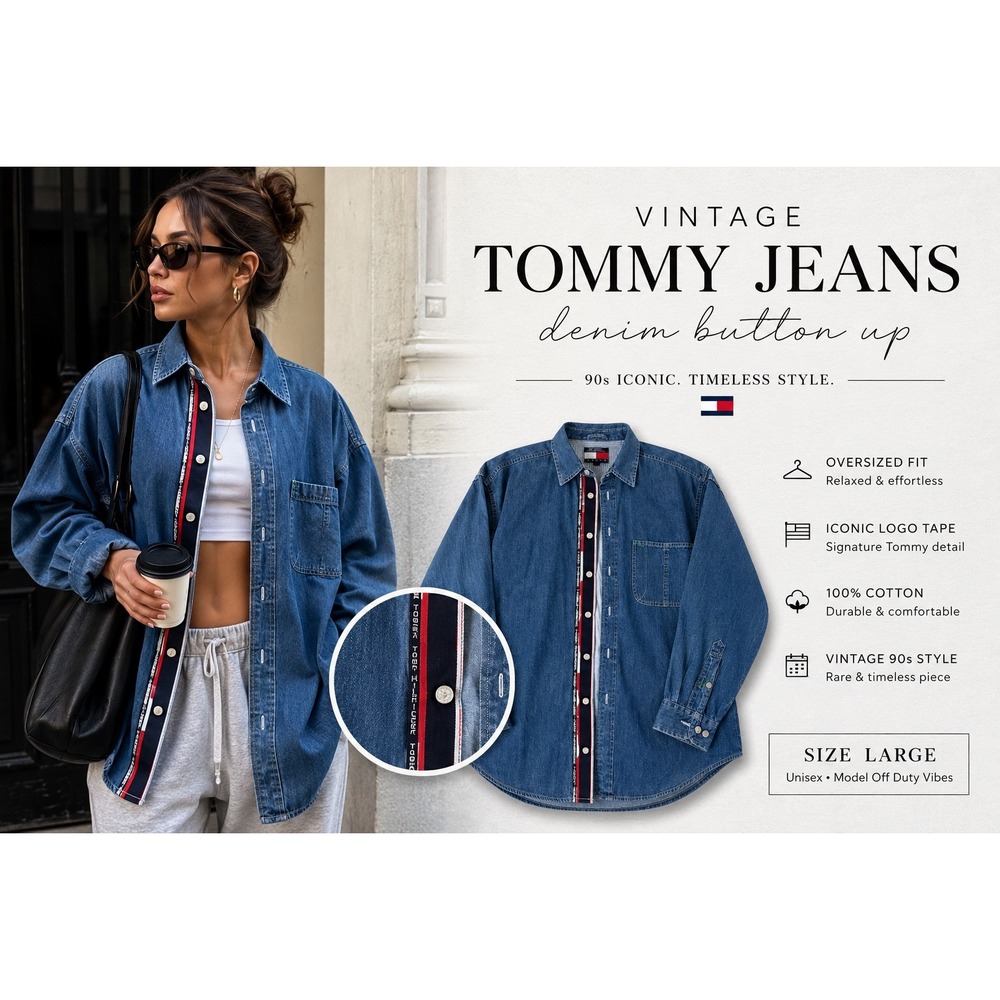 Vintage Tommy Jeans Denim Button Up Oversized Logo Tape 90s‎ Grunge Y2K